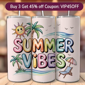 Summer Vibes Tumbler Wrap: Beach Trip Sublimation Design (PNG Digital Download 20oz Skinny Tumbler)
