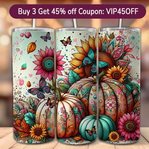 Fall Floral Pumpkins Tumbler Wrap Sunflowers and Butterflies, 20 Oz Skinny Sublimation Tumbler Design Autumn Fall Vibes Digital Download