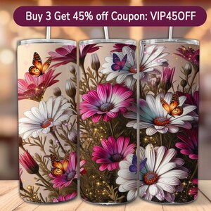 Daisy flowers 20oz skinny tumbler sublimation design, Spring Floral Digital PNG Straight wrap daisies tumbler wrap download