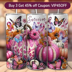 Pink Pumpkin Ribbon Awareness Breast Cancer Survivor Tumbler Wrap 20 oz Skinny Tumbler Sublimation Design Digital Download PNG Instant