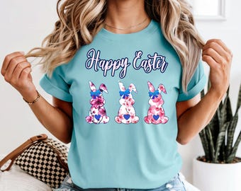 Feliz Pascua PNG, Conejo de Pascua PNG Floral, Diseño de Camiseta de Pascua, Trío de Conejos PNG, Diseño de Sublimación de Primavera, Archivo Cricut de Pascua