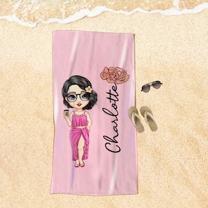 Toalha de praia personalizada com desenho animado para mulheres e meninas, flor de nascimento, multicolorida, nome personalizado, toalha de praia para férias, presente para amiga