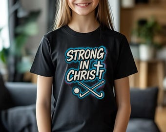 Diseño de camiseta para niñas cristianas fuertes en Cristo (Hockey sobre césped PNG)