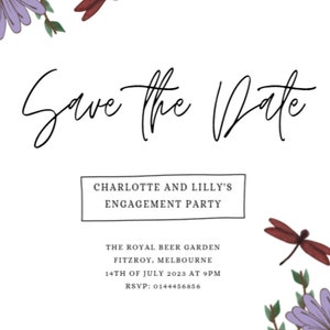 Hand Drawn save the date invite, Engagement, Wedding invite, dragonfly, floral, Instant Download Editable Template