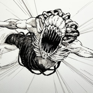 May include: A black and white ink illustration of a monstrous creature with a wide, toothy maw and elongated limbs reaching forward. The figure features a segmented, bulbous head and dark, flowing tendrils, set against a background of sharp lines.