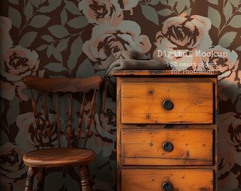 Maqueta de tocador bohemio en la pared: Escena interior acogedora (PSD)