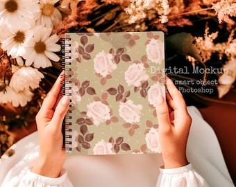Cozy Spiral Notebook Mockup Woman Hands Holding in the Garden, Coil Planner Realistic Mockup , PSD Smart Object, PSD Mockup planner, elegant