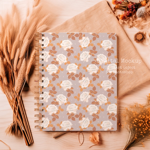 Fall Spiral Aesthetic Notebook Mockup, Pattern Mockup PSD, Notebook mock, Coil Planner Realistic Mockup, PSD Smart Object,PSD Mockup planner