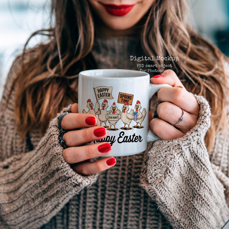 May include: White ceramic mug with a colorful illustration of chickens holding signs that say "Happy Easter" and "Spring Time". The mug has the text "Happy Easter" on the bottom.