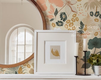 Maqueta de pared de espejo, maqueta interior blanca, maqueta de pared mínima, maqueta de papel tapiz, exhibición de arte Boho, maqueta de pared acogedora, maqueta de patrón de superficie