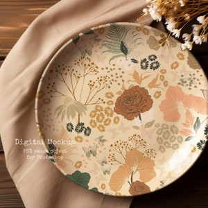 Elegant Porcelain Dish Mockup Psd, Pattern mockup, Kitchen Mockup, Round Ceramic Dinner Plate Mockup, Kitchen dishes mockup PSD, cozy dish