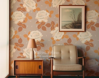 Mockup bloemenbehang uit de jaren 70, boho-interieur (PSD)