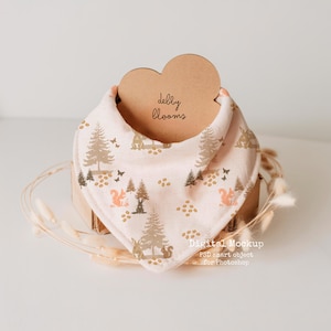 May include: A pink baby bib with a woodland pattern featuring squirrels, rabbits, trees, and butterflies. The bib is displayed on a heart-shaped cardboard tag that reads "delby blooms". The bib is a triangle shape.