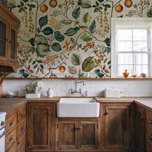 Mockup di parete di cucina di fattoria, mockup di interni, mockup di parete rustica, mockup di carta da parati, esposizione di arte boho, mockup di parete accogliente, mockup di motivo di superficie