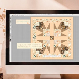 May include: A computer screen displaying a quilt block mockup for Adobe Illustrator. The mockup shows a quilt block with a star pattern in shades of brown, beige, and white. The text "Click on each shape and apply your pattern" is visible in the top left corner of the screen.