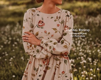 Frau Leinen Kleid Mockup – Photoshop PSD Stoff Vorlage