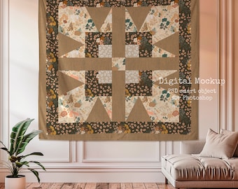 Square Quilt Block Tapestry Mockup, Interior Wall Art (PSD)