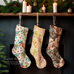 May include: Three Christmas stockings hanging from a wooden mantel, decorated with different patterns: red berries and pine branches, grapes, and roses. The stockings are cream-colored with a brown trim.