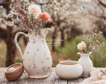 Porseleinen bloem JUG mockup Psd, patroon mockup, keuken mockup, gezellige keramische kruik mockup, keukenvaas mockup PSD, gezellige kruik, boerderij karaf psd