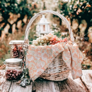 Grape Basket Tea towel Mockup | Linen Tea towel Mockup | French Kitchen towel mockup | Cozy PSD Digital Mockup | kitchen towel mockup