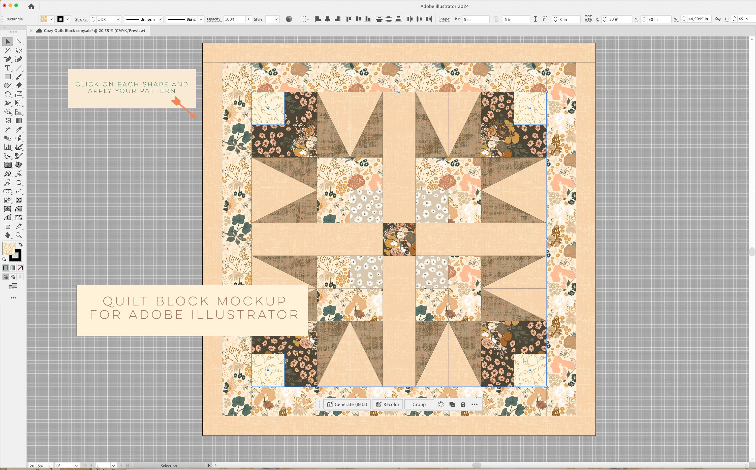Adobe Illustrator Quilt Block Template, 60x60 Fabric Design, Easyto