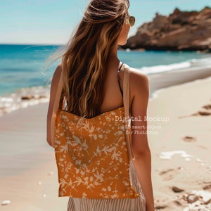 Aesthetic BEACH Tote Bag Mockup | Linen Shopping Bag Mockup | Boho linen bag Mock Up | Cozy PSD Digital Mockup, summer mockup, cotton canvas