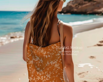 Beach Tote Bag Mockup | Linen, Boho Style (PSD Digital Mockup)