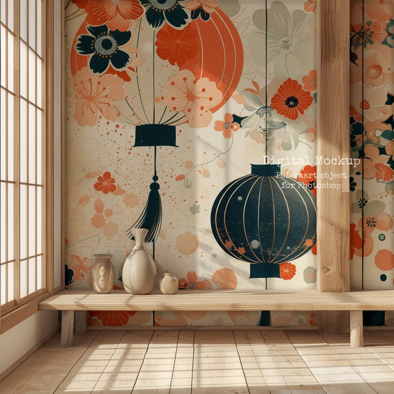 Puede incluir: Una maqueta digital de una habitaci&oacute;n de estilo japon&eacute;s con suelo de madera y una pared decorada con un patr&oacute;n floral con linternas y flores de cerezo. La habitaci&oacute;n tiene un banco de madera y tres jarrones de cer&aacute;mica.