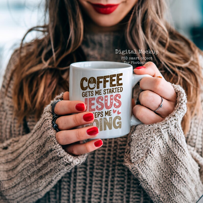 May include: White ceramic coffee mug with the text "Coffee gets me started Jesus keeps me going" in brown and pink lettering with a small heart graphic.