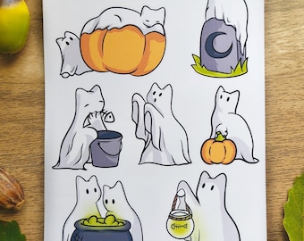 Ghost Cat Halloween Sticker Sheet, Spooky Kitty Stickers