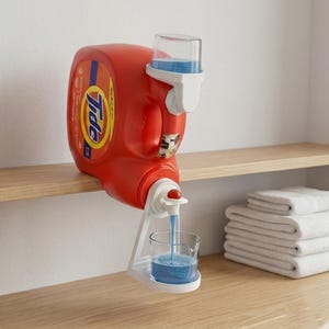 Laundry Room Organization Set - Detergent Cup Holder and Bottle Drainer - Zero Waste Soap Transfer Pipe - Fits Tide & Gain - New Home Gift