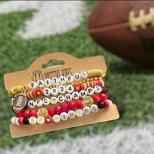 Custom San Francisco 49ers Super Bowl stackable bracelet with charms. Personalized 49ers Heishi bracelet. SF Niners gameday beaded jewelry.