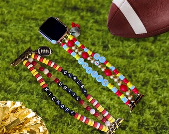 Custom beaded KC Chiefs Apple Watch band bracelet. Kansas City Chiefs Watch band w/ personalized letter beads and charms! Superbowl bracelet