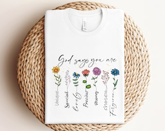 Religiöses Wildblumen Grafik T-Shirt, Florales religiöses Shirt, christliche Kleidung, Frühlingsfrauen christliches Geschenk