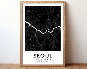 Seoul City Map Poster, Seoul Korea Wall Art Print, Black and White Travel Map Artwork, Seoul South Korea Street Map, City Map Home Decor