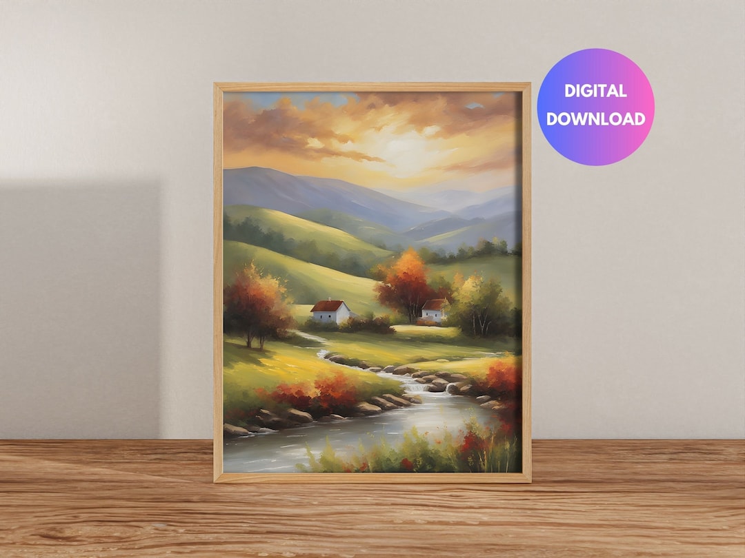 English Countryside Wall Art, Digital Oil English Countryside Painting