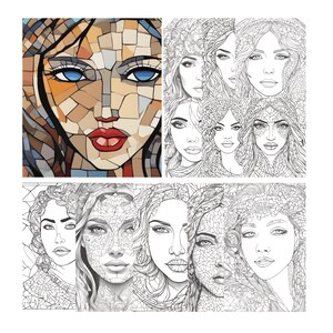 Può includere: Un ritratto in stile mosaico di una donna con occhi blu e labbra rosse. L'immagine è composta da varie forme geometriche nei toni del marrone, beige e blu. Accanto, diversi disegni a tratto in bianco e nero di volti femminili.