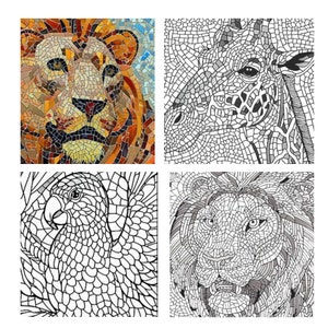 May include: A set of four mosaic animal coloring pages featuring a lion, giraffe, parrot, and another lion. The images are in black and white and are ready to be colored.