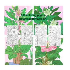 Può includere: Un set di 100 pagine da colorare con illustrazioni botaniche. Le pagine sono stampabili e perfette per adulti e bambini che amano colorare. L'immagine mostra una varietà di fiori e piante, tra cui gigli, margherite e felci.