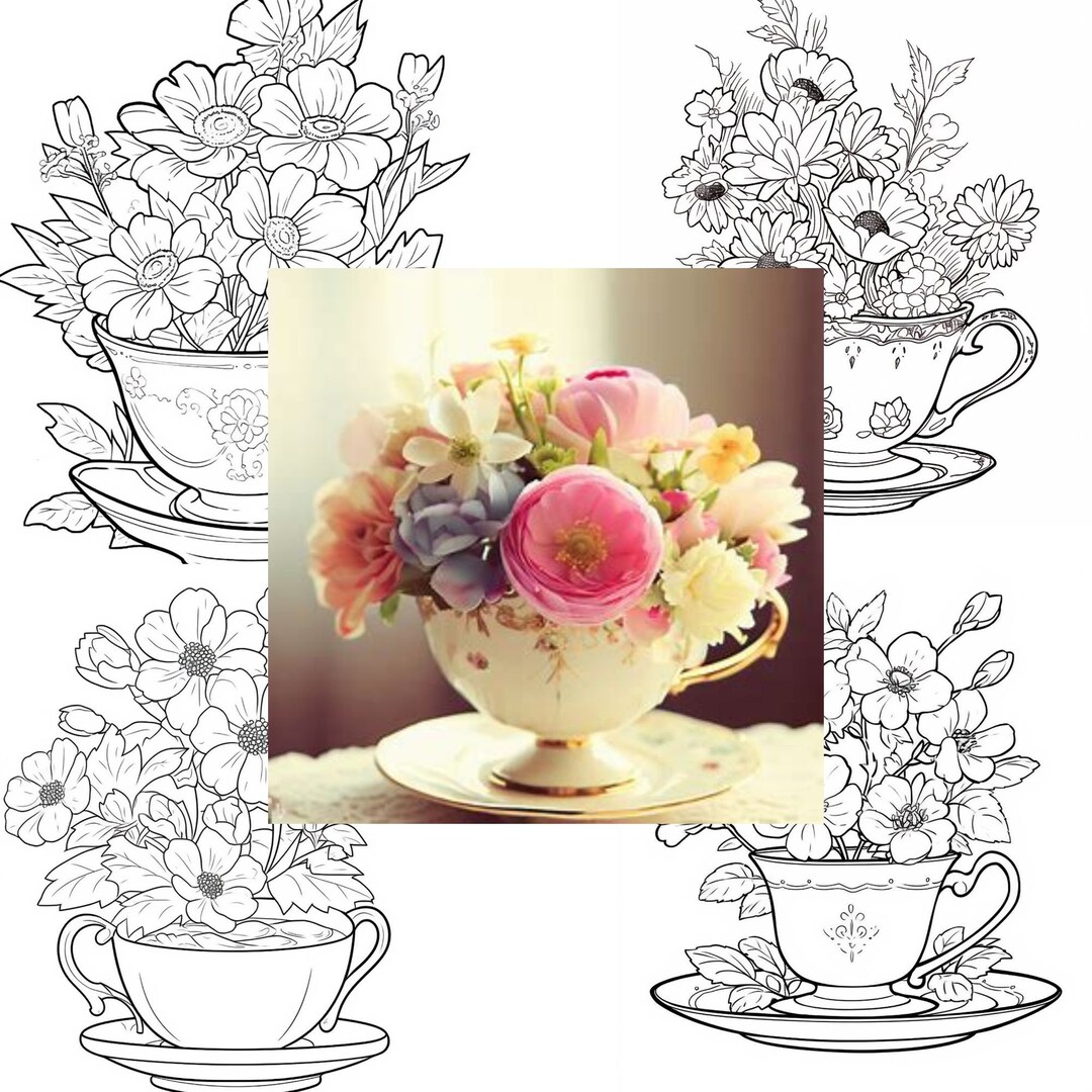 Coloring Pages for Adult Beautiful Flowers in Tea Cup - Etsy