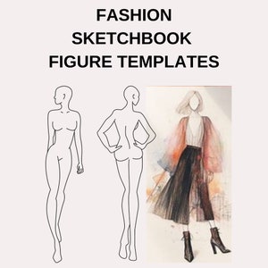 Może przedstawiać: Szablony postaci do szkicownika mody z dwoma rysunkami liniowymi postaci kobiecej, jedna zwrócona przodem, a druga tyłem. Trzeci obraz przedstawia ilustrację mody kobiety w długiej, zwiewnej spódnicy i kurtce.