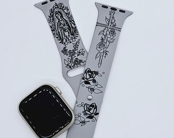 Virgin Mary Roses Watch Band Personalized Strap compatible with Apple Watch iWatch Band Silicone Watch 38/40/41 42/44/45 Engraved Rosa Cross