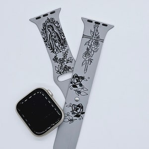 Virgin Mary Roses Watch Band Personalized Strap compatible with Apple Watch iWatch Band Silicone Watch 38/40/41 42/44/45 Engraved Rosa Cross