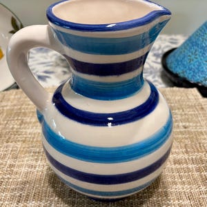 Vintage Style Blue Stripped Ceramic Spanish Sangria Pitcher - Hand Painted - Alfareria Alberto of Spain