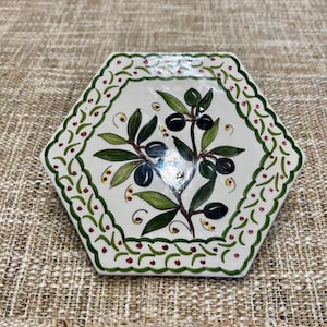 Keramische onderzetter in mediterrane stijl, Portugees, 15 cm, handbeschilderde zeshoek met olijftakmotief