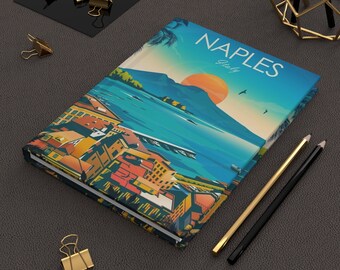May include: A colorful illustrated notebook with a cityscape and a mountain in the background. The cover reads "NAPLES Italy".