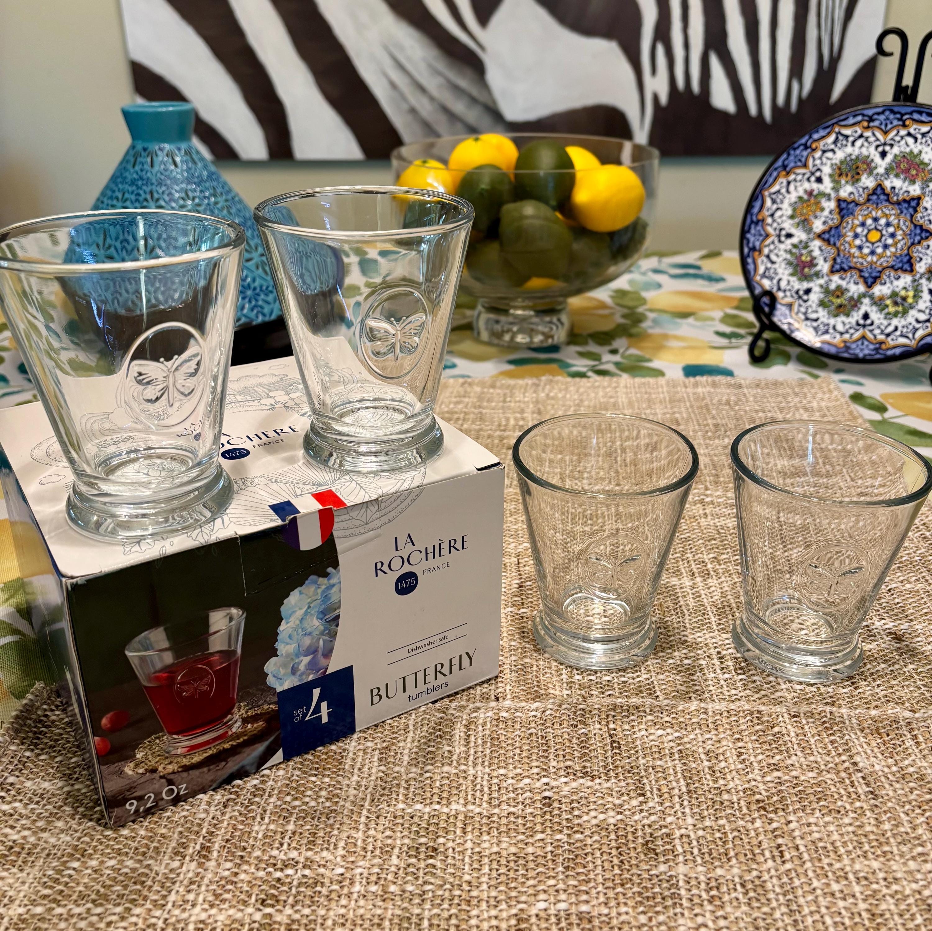 BOX SET La Rochere Butterfly Medallion Tumbler Glass Set – Elegant French Glassware With Iconic Butterfly Medallion Motif (set of 4)