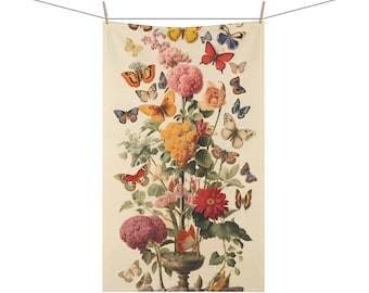 Vintage Floral Butterfly Kitchen Towel: Beige Cotton Tea Towel