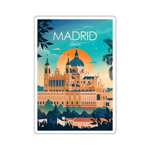 Europäische Stadtansicht Kiss-Cut Aufkleber - langlebiges Vinyl mit glänzender Oberfläche - Madrid, Spanien