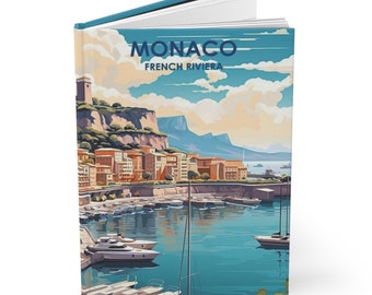 May include: A vintage-style illustration of Monaco, French Riviera, depicting a harbor with boats and a cityscape against a blue sky with white clouds.